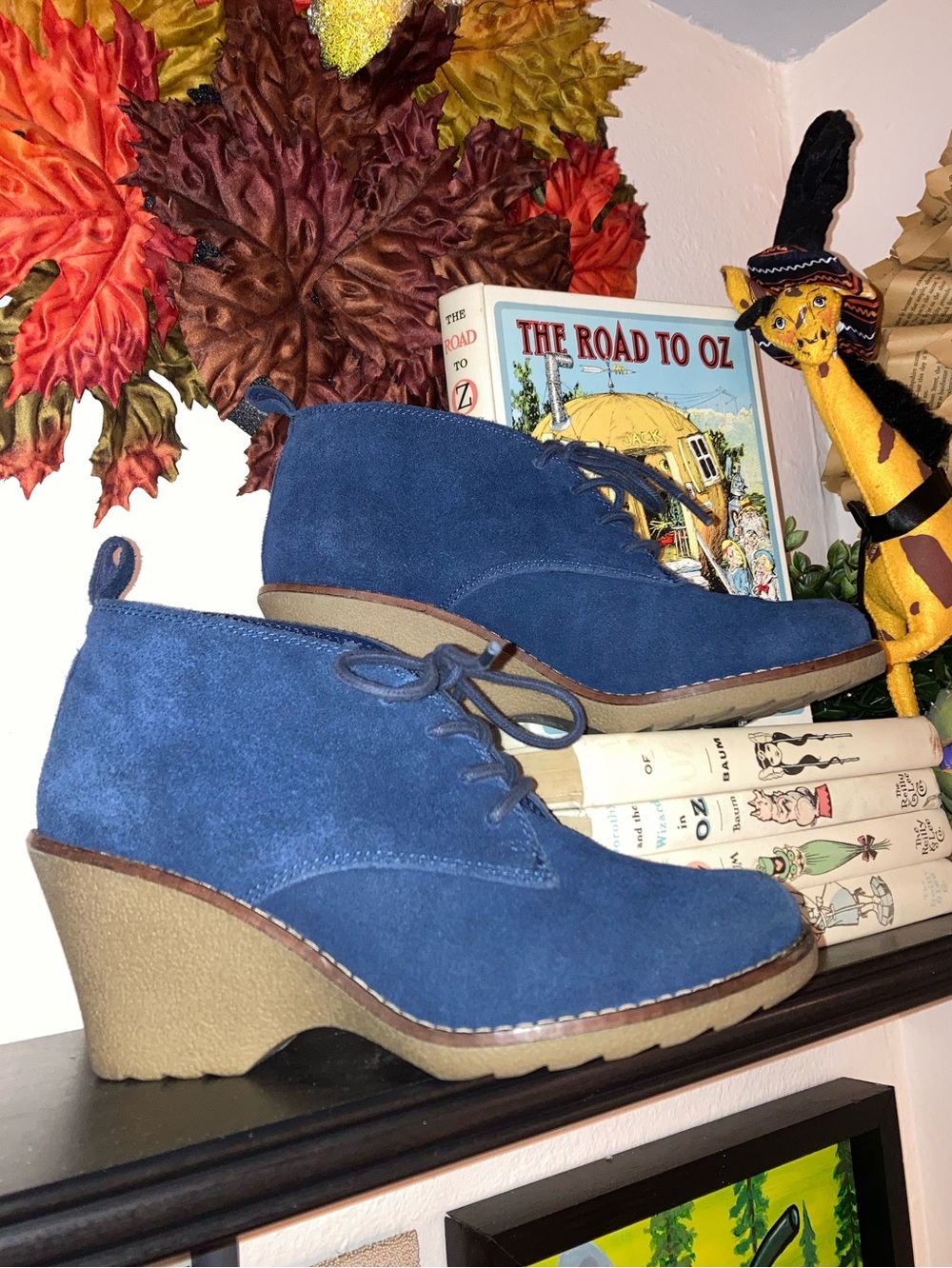 Blue Suede Wedge Ankle Booties